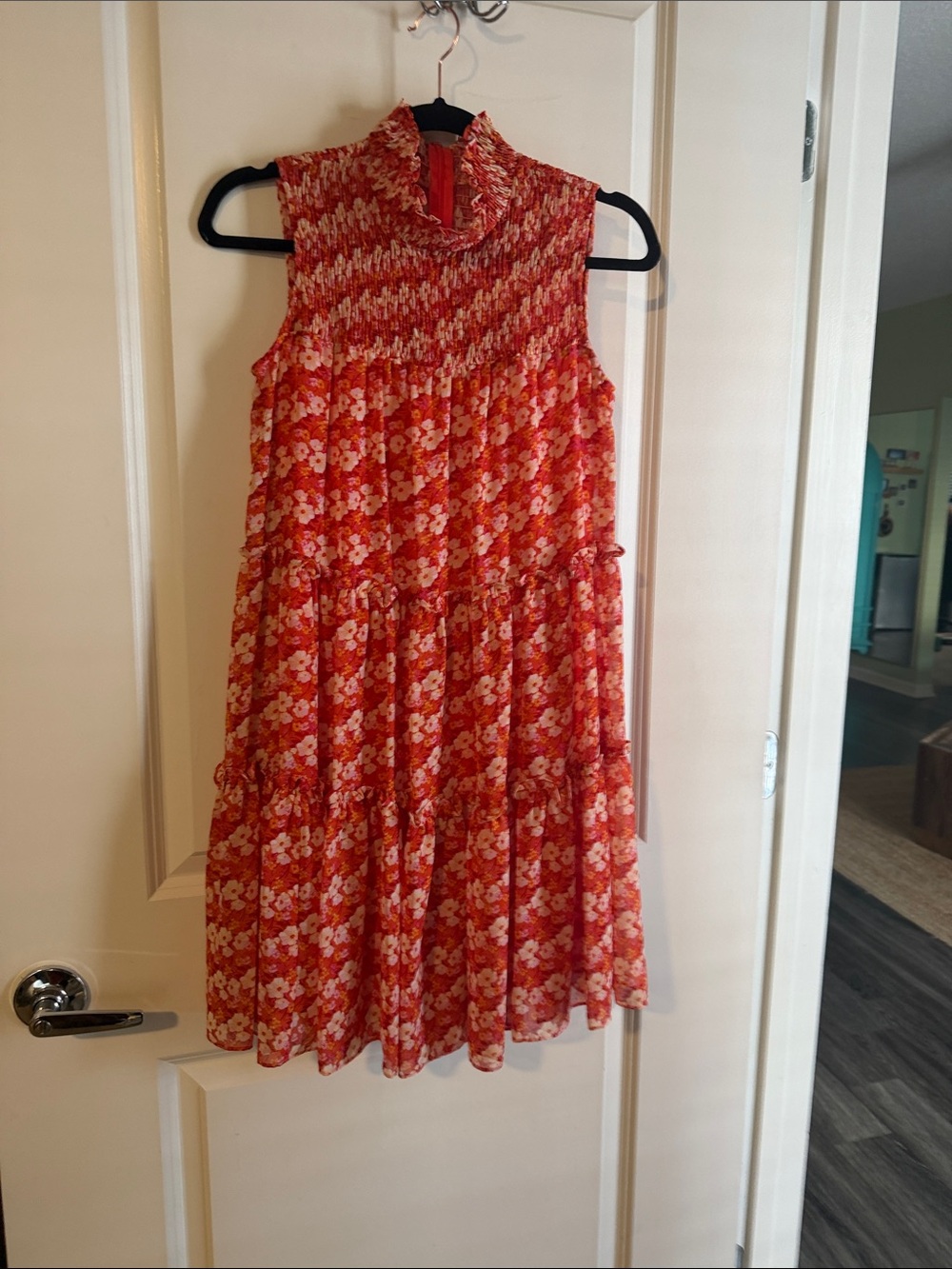 High-neck Red Floral Sleeveless Smocked Mini Dress